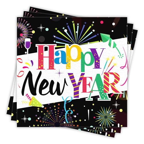 DPKOW Feliz Año Nuevo Serviettes Coloridas Servilletas Año Nuevo Servilleta Papel Cóctel para la Fiesta Nochevieja Decoración la Mesa Decoración Nochevieja 2025 Suministros para Fiestas Año Nuevo
