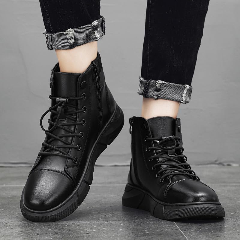 Image of Men's Italian High Top Leather Boots Non-Slip Soft Motorcycle Shoes Black Side Zipper Chukka Classic Business Boots
