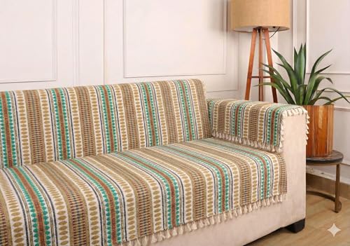 Image of Gifts Island 3 Seater Cotton Sofa Cover Mat | Anti Slip Sofa Cover Throw | All Over Furniture Protector with Elastic Straps | Washable Couch Cover for Living Room (Brown, 3 Seater)