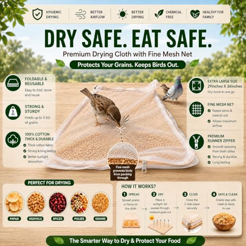 Image of Foveros (Pack of 1) Cotton Drying Cloth with Net, Off White, 73 x 91 cm, Breathable, Washable, Reusable for Papad, Spices, Mangodi,Wadiyan,Millets, To dry Lemon & Mango for Pickle (Pack of 1)
