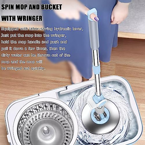 AMNOOL Spin Mop-Eimer mit Auswringer-Set – Bodenwischer mit 4 Rädern Easy Move, Verstellbarer Griff aus Edelstahl, 5 Mikrofaser-Ersatzkopf-Nachfüllungen, 1 Bodenbürste,Grey – Bild 4