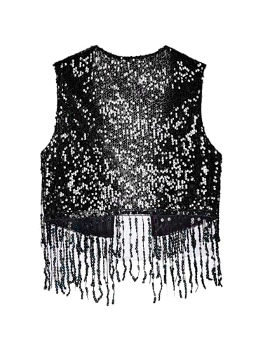 Jhaoyu Womens Shiny Sequins Open Front 70s Hippie Tassel Vest Fringe Sleeveless Cowgirl Western Tops4