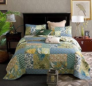 Qucover Patchwork Bedspread King Size 3-Pieces 100% Cotton Retro Chic Floral Printed Quilted Bedspreads Coverlet 240x270 cm with 2 Pillow Shams
