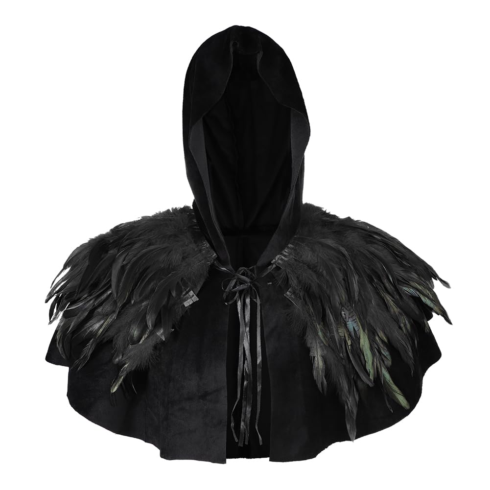 JNGUOSICN Medieval Hooded Cape with Feather Shrug Set Men Women Gothic Costume Robe Witch Wizard Vampire Death Devil Monk Cape for Halloween Costume Party Props
