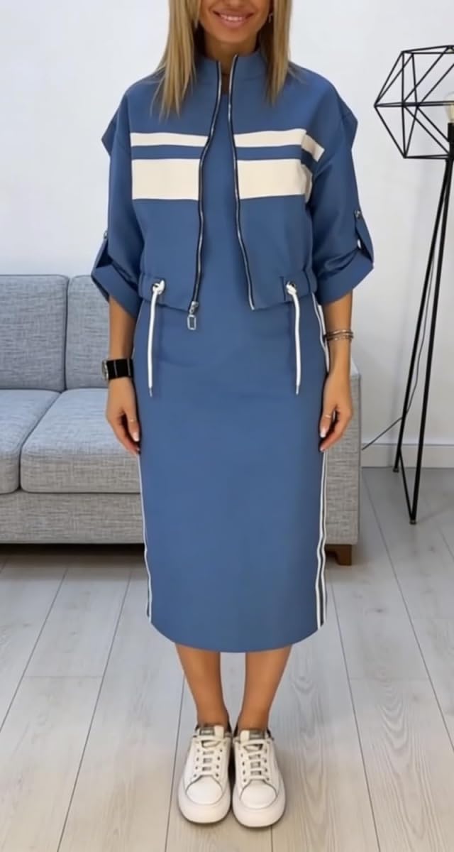 2026 Damen Stehkragen Jacke & Kleid Set Quadratischer Ausschnitt Ärmellos Bodycon Midikleid und Bomberjacken Set