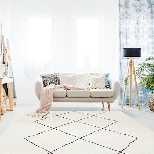 Generisch Hochwertiger Berber-Teppich: Ivory Creme weiß mit dunklen Raute-Motiven, ohne Fransen und...