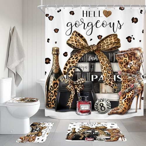 Cinbloo 4Pcs Brown Leopard Shower Curtain Set, Cheetah Bathroom Curtain with Rug, Toilet Lid Cover, Bath Mat, Fashion Luxury Magazine Books Perfume High Heels Girly Shower Curtain with 12 Hooks
