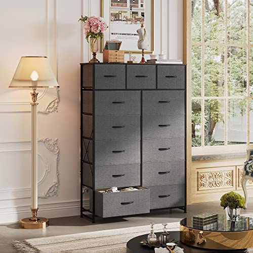 WLIVE Tall Dresser with 13 Drawers & Fabric Bins, Dark Grey Steel Frame