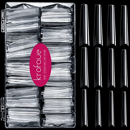 Krofaue 600Pcs Extra Long Square C Curve Nail Tips,12 Sizes Half Cover Acrylic Nail Tips,Clear Straight French Nail Tips,Artificial Press On Press On With Pl Plastic Cases For Nail Salon And Home Diy Nail Art cover
