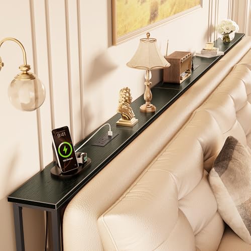 Image of Huuger 126 Inch Sofa Table with Power Outlets, Skinny Behind Couch Table | 5.9 Inch Narrow Entryway Table, Extra-Long Console Table, Behind the Couch Table with Outlet for Living Room, Black