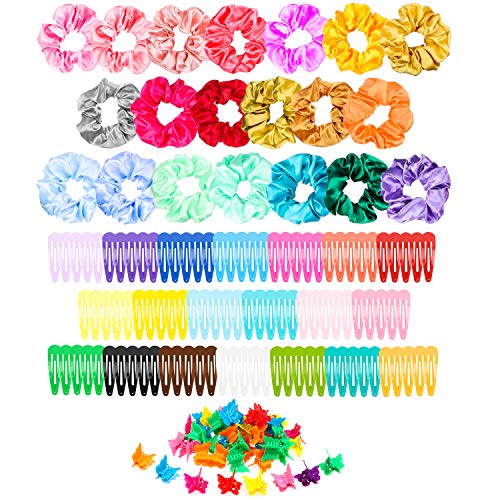 R HORSE 150 Packs Satin Hair Scrunchies Hair Snap Clips Set 20Pcs Satin Hair Scrunchies 80Pcs Candy Color Snap Clips 50Pcs Mini Butterfly Claw Clips Hair Barrettes Hair Accessories for Women Lady