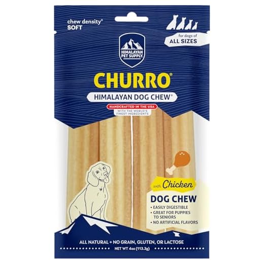 Himalayan Dog Chew Churro Yak Cheese Dog Chews, 100% Natural, Long Lasting, Gluten Free, Healthy & Safe Dog Treats, Lactose & Grain Free, Protein Rich, For All Breeds, Soft, Chicken Flavor, 4 Pack