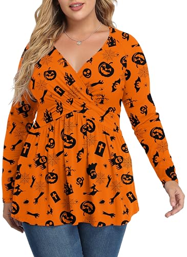 TIANZHU Womens Plus Size Tops Long Sleeve Babydoll Blouse Empire Waist Going Out & Casual Halloween Orange 2XL