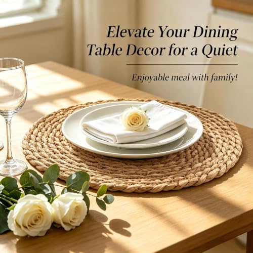 Image of 13.8 Inch Round Woven Placemats Set of 8, Rattan Chargers for Dinner Plates, Rattan Wicker Table Mats Jute Braided, Boho Farmhouse Rustic Braided Place Mats for Kitchen Dining Party Decor