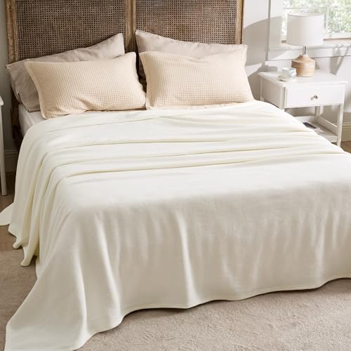 Image of Bedsure 100% Cotton Blanket, Herringbone Weave, Queen Size, Cream