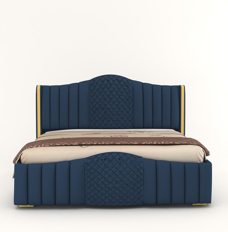 Image of SABTA Crafts Modern Upholstered King Size Bed with Box Storage for Bedroom | Wooden Double Bed with Storage | Platform Cot Bed with Upholstery Premium Fabric, 6.5 x 6 Ft, Sheesham Wood, Navy Blue