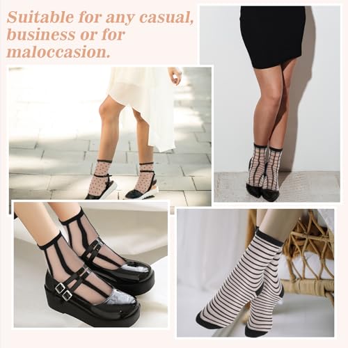 Ouligay 6 Pairs Sheer Socks Women Ankle,Multiple Styles Lace Socks Women,Acrylic Black Womens Trouser Socks,Transparent Mesh Socks for Women Girl(Round Neckline)2