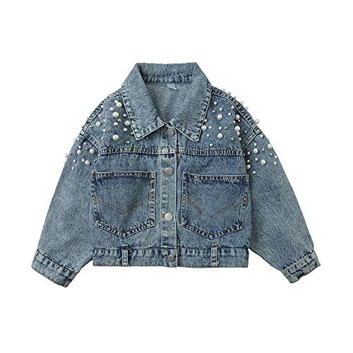 Pearls Beading Denim Jacket for Girls Fashion Coat Baby Girls Clothes Outerwear Long Sleeve Jean Coat