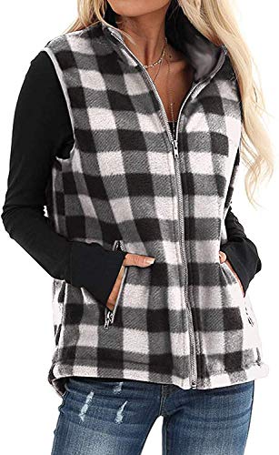Oritina Womens Buffalo Plaid Zip Up Vest with Zippered Pockets Winter Sleeveless Jacket Coat (Black White-Zip,L)