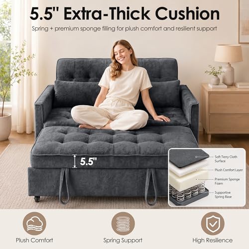 Image of Dreamzie 55'' 3 in 1 Convertible Sofa Bed with USB Charging Ports, Pull Out Couch with Adjustable Backrest and Side Pockets, Sleeper Sofa for Living Room, Apartment, RV, Easy Assembly - Dark Grey