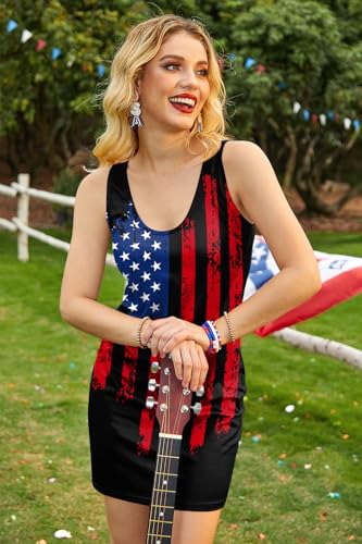 Image of For G and PL Women 4th of July American Flag Tank Dress Deep V Neck Stars Stripe Mini Patriotic Sleeveless Sundress