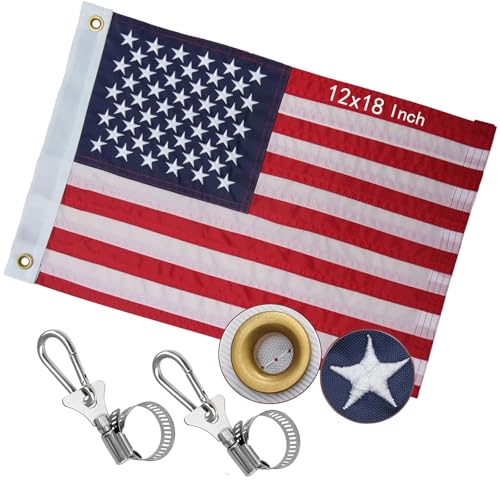American Boat for Flag 12x18 Inch, Small American Flag Boat Heavy Duty 210D Nylon Embroidered USA Flags For Outdoor ATV, Golf Cart Flag, mailbox and Independence day With 2 Boat Flag Pole Kits