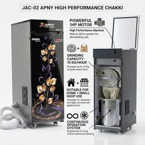 Image of Atta Chakki for Home | Domestic Flour Mill | 1HP Motor | Wheat, Rice & Millet Grinding | Multi Grain Grinding | Low Noise Heavy Duty Motor | 10 Kg /Hr Capacity | Fully Automatic (JAC02)