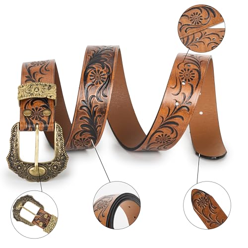 YCMI Womens Men Western Cowboy Belts Floral Engraved Engraved Buckle Adjustable Belt for Jeans Dress Skirt2