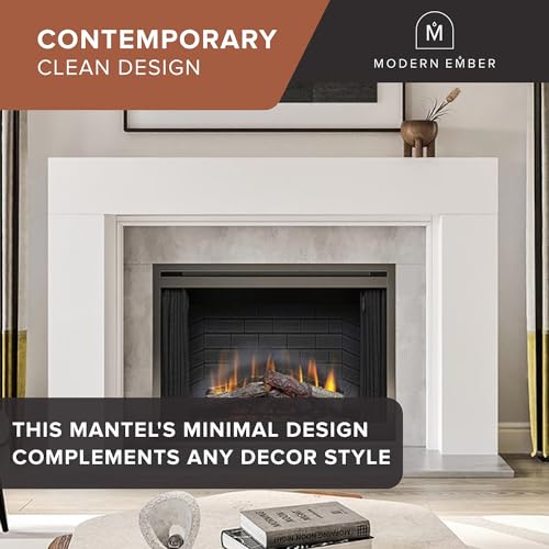 Image of Modern Ember Sabine Wood Fireplace Mantel Surround Kit, White 48 inch x 42 inch Opening | 72 inch x 54 inch Overall | Minimal Modern Aesthetic; Includes Wooden Mantel Surround & Shelf