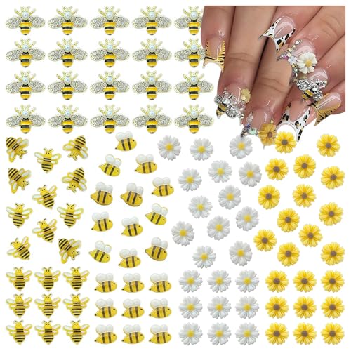100PCS Nail Charms and Gems Gold Bee Yellow Flower for Nails Design3D Daisy Y2k Nail Jewels Bulk Nail Art Decor Set