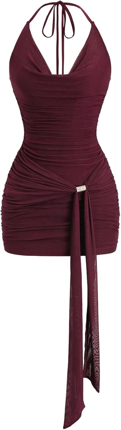 Floerns Women's Going Out Y2K Sexy Halter Dress Sleeveless Draped Ruched Side Tie Front Backless Party Mini Dresses