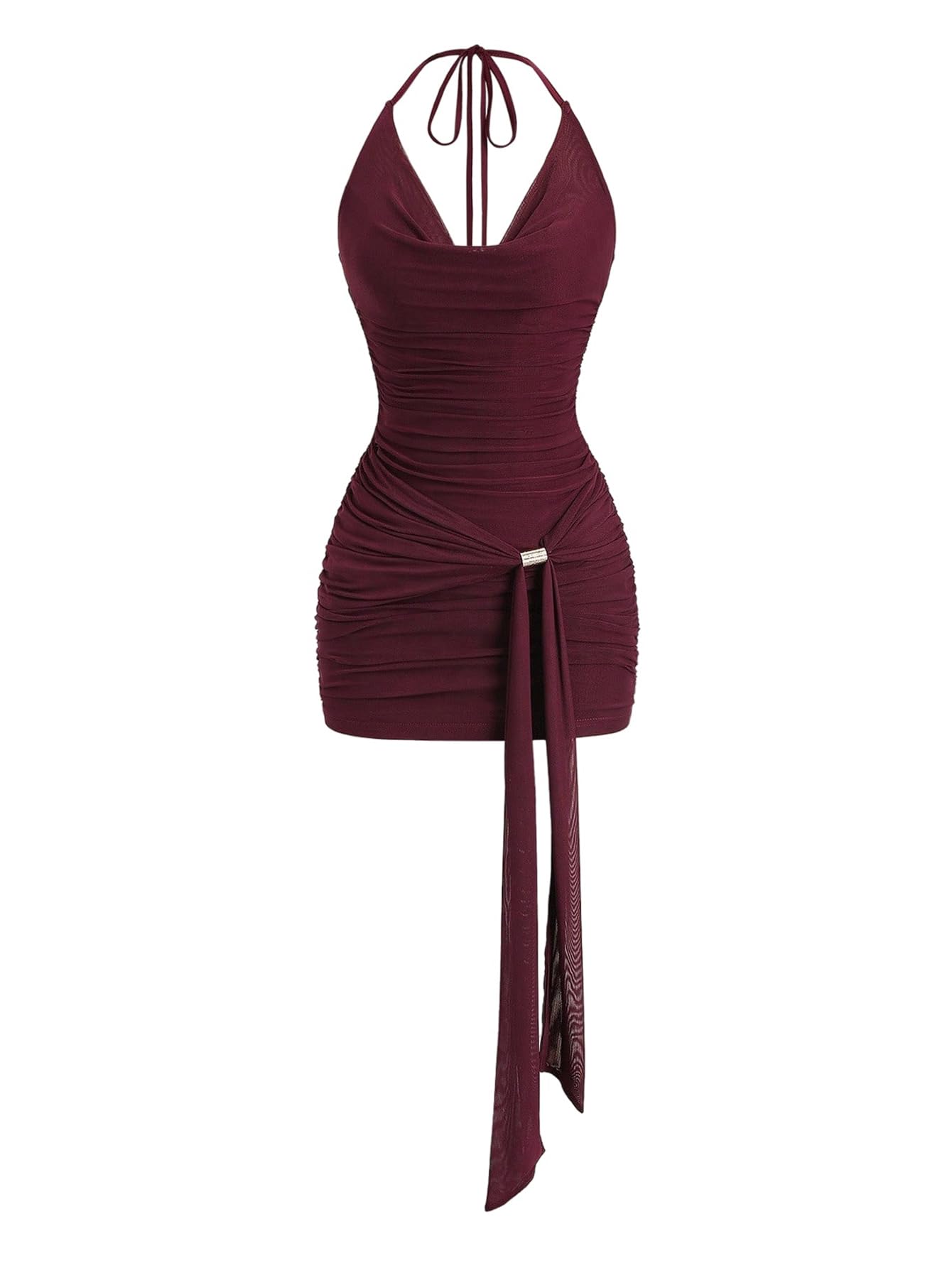 Women's Draped Halter Bodycon Dress Cowl Neck Sleeveless Ruched Tie Backless Party Mini Dresses