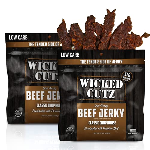 Image of Wicked Cutz Classic Chop House Beef Jerky, 33g Protein Per Bag, Tender & Easy to Chew Alternative to Beef Sticks, USA Made High Protein Carnivore Snacks (2 Bags)