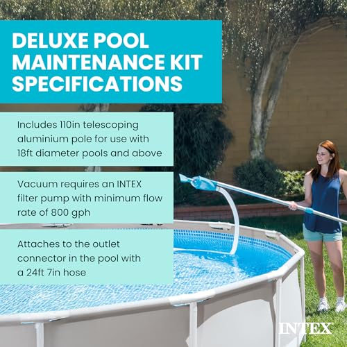 Intex 28003E Deluxe Above Ground Pool Maintenance Kit for Minimum 800 GPH Flow Rates with Vacuum, 110" Pole, Wall Brush and 24' Hose (Color May Vary)