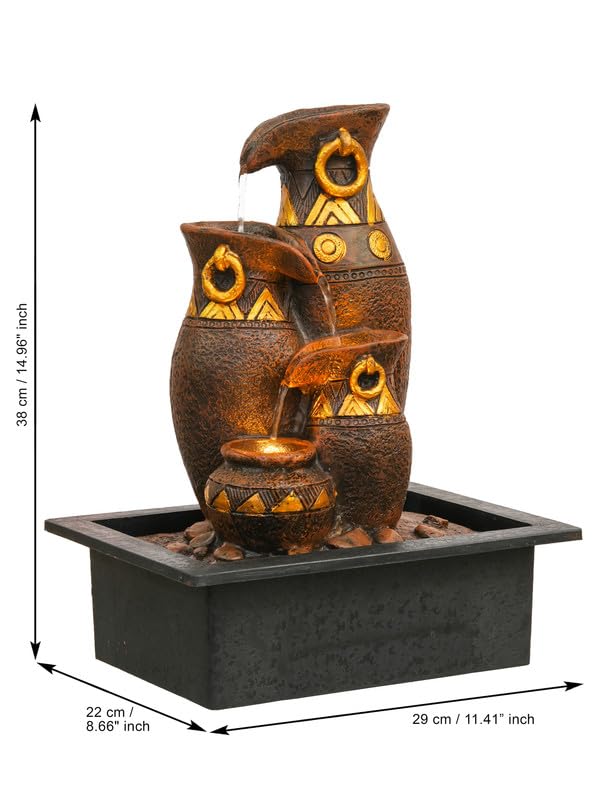 Image of Polyresin Brown & Golden Designer Table Top Jug Style Indoor 3 Steps Home Decor Water Fountain with Yellow LED Light & Water Flow Controller Pump (Size: 40 x 29.5 x 22CM | Weight: 2095grm)
