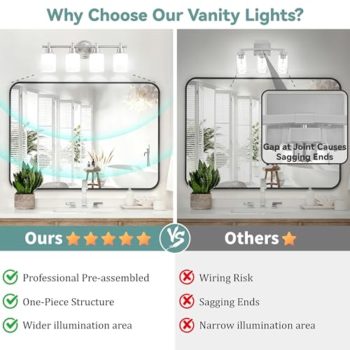 Image of 4-Light Bathroom Vanity Light, 23 In Brushed Nickel Vanity Light Fixture | Modern Anti-Rust Wall Sconce over Mirror with White Frosted Glass Shades, Bathroom, Hallway, 23 Inch, E26(Bulbs Not Included)