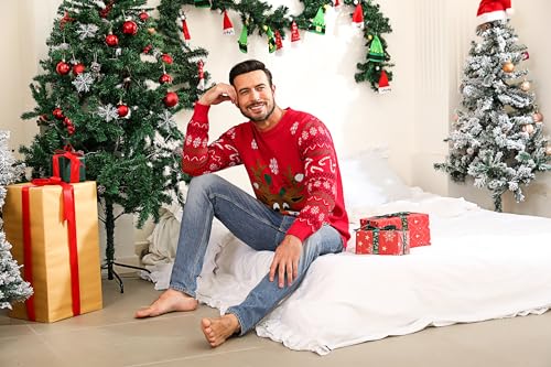 Marvmys Herren Weihnachtspullover Hässlicher Weihnachtspulli Christmas Sweater Schneeflocken Elch Stricken Herrenpullover mit Rundhalsausschnitt und Langen Ärmeln für Herren Weihnachtsparty B-Rot L