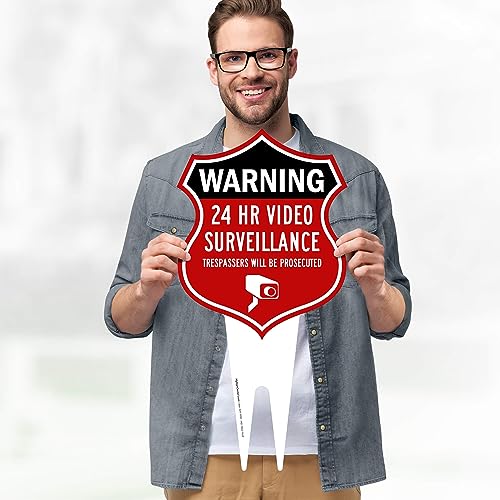 Image of Warning, 24 Hr Video Surveillance Sign, 9x17, Heavy Duty Integrated Ground Stakes, Indoor /Outdoor Use, Rust Free Aluminum Composite, Made in USA by My Sign center