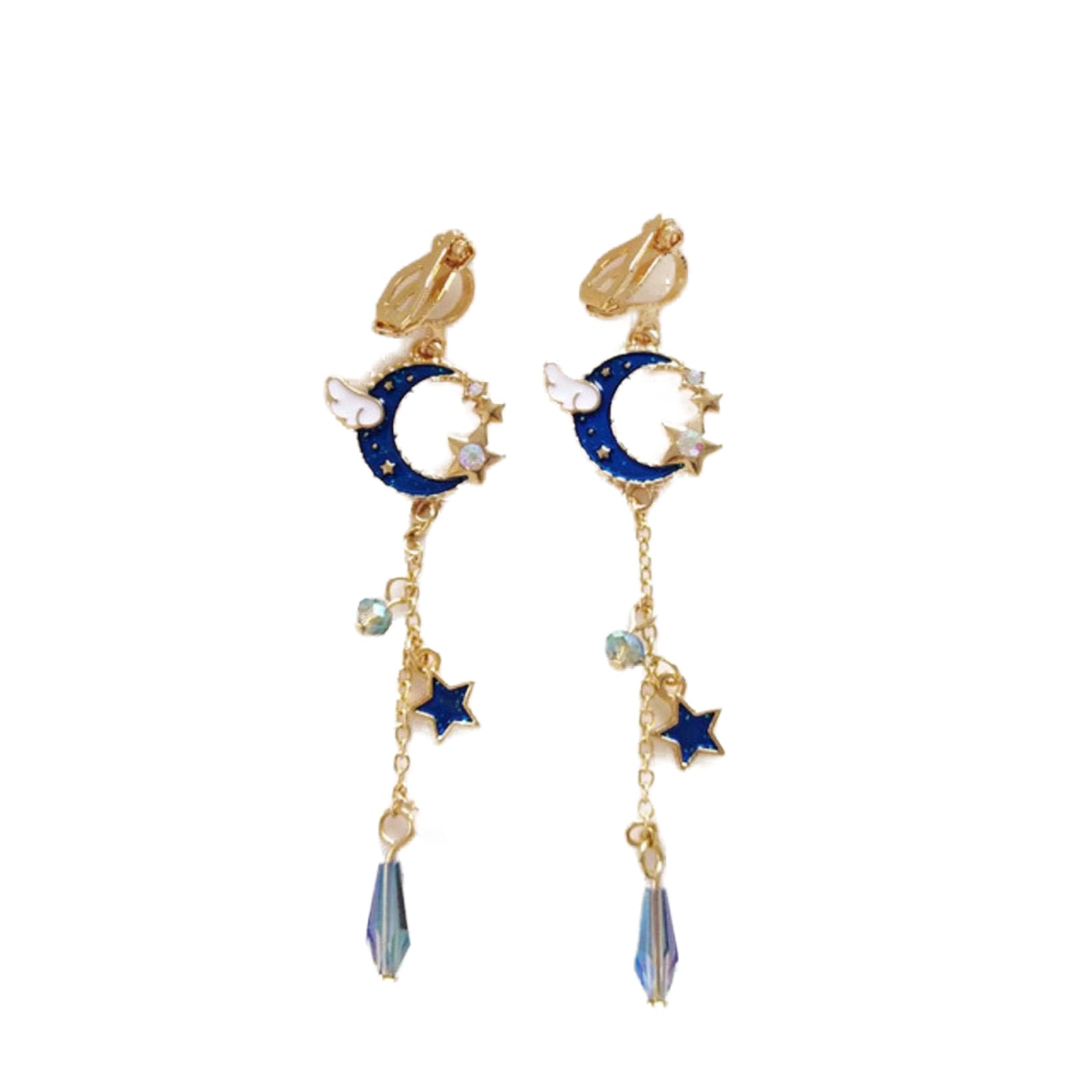 SALAN Angle Wing Blue Pink Star Moon Clip On Earring Cute Long Chain Tassels Clip Earrings No Piercing Hole With Water Drop Crystal