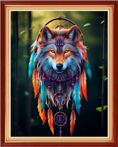 Image of Dooxvey Cross Stitch Kit for Adult Beginners - Full Range of Stamped Kits, 11CT Cross Stitch Patterns - Wolf Wind Chime 16x20 inch