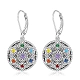 Mandala Chakra Earrings for Women Sterling Silver Yoga Lotus Flower Dangle Drop Earrings Flower of Life Protection 7 Chakras Jewelry Gifts