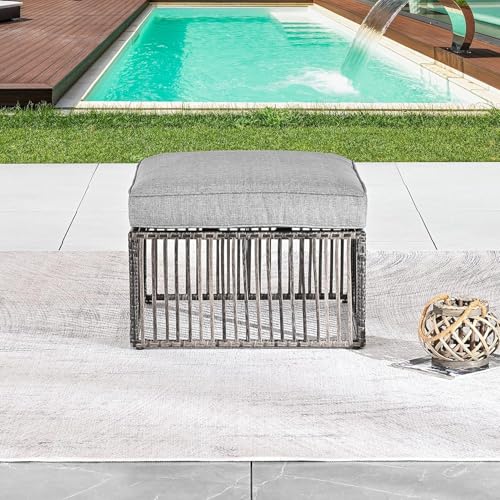 Image of LOKATSE Home Patio Footstool Outdoor Ottoman with Soft Thick Cushion for Garden Yard Deck Poolside, Gray