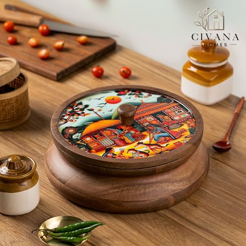Image of Wooden Spice box for kitchen with spoon, Mango wood box with 7 Steel containers | Masala box for kitchen | Masala Dani | Best Gift (Red Masala Box)