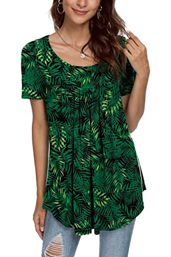 Cathy Women's 2023 Summer Short Sleeve Tunic Top Hide Belly Shirts Loose Comfy Blouse For Leggings,Xl,Big Green Leaf #TOP7