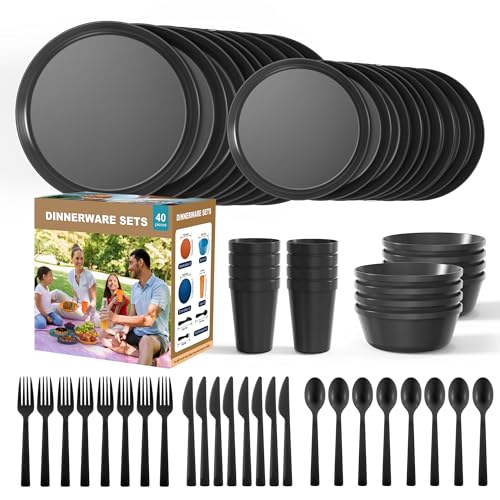 ZIVONA 40 Piece Apartment Essentials Dinnerware Set, Stackable Space-Saving Plates & Large Flat Bowls (Pasta/Salad), Modern Matte Unbreakable Plastic Dishes, Microwave Safe, Black