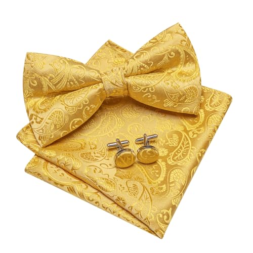Image of YOHOWA Mens Bow Tie Set Paisley Pre-tied Bowties Adjustable with Handkerchief Cufflinks Gold Ring Set Wedding Prom Party