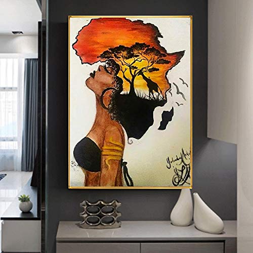 Toile femme africaine et coucher de soleil pour grand mur de salon moderne