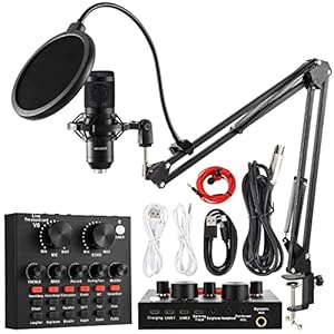 V8 Condenser USB Microphone PC Microphone Kit with BM-800 Live Sound Card, Adjustable Scissor Arm Stand Shock Mount for Podcast, YouTube, Gaming Streaming (Black)
