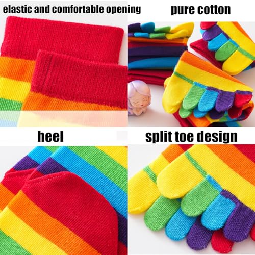3 Pairs Cotton Five Finger Socks Rainbow Stripe Toe Socks Athletic Casual Ankle Crew Calf High Split Socks for Women Girls3
