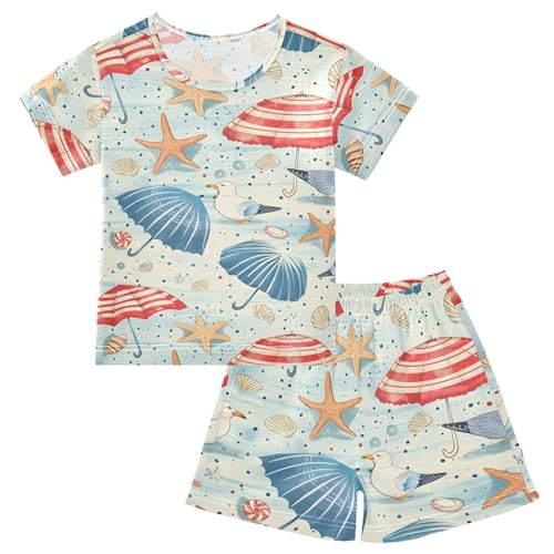 ALAZA Seashell Starfish Sand Seagulls Pajamas Short Sleeve 2 Piece Sleepwear Top and Bottom Pajama Set Unisex